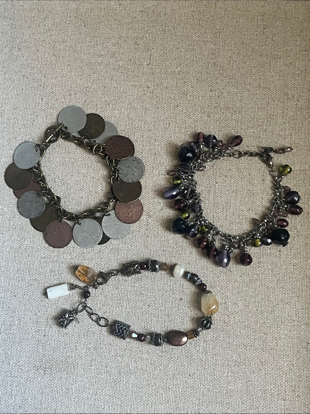 Beaded Charm Bracelet Set - Mixed Metallic and Purple Tones